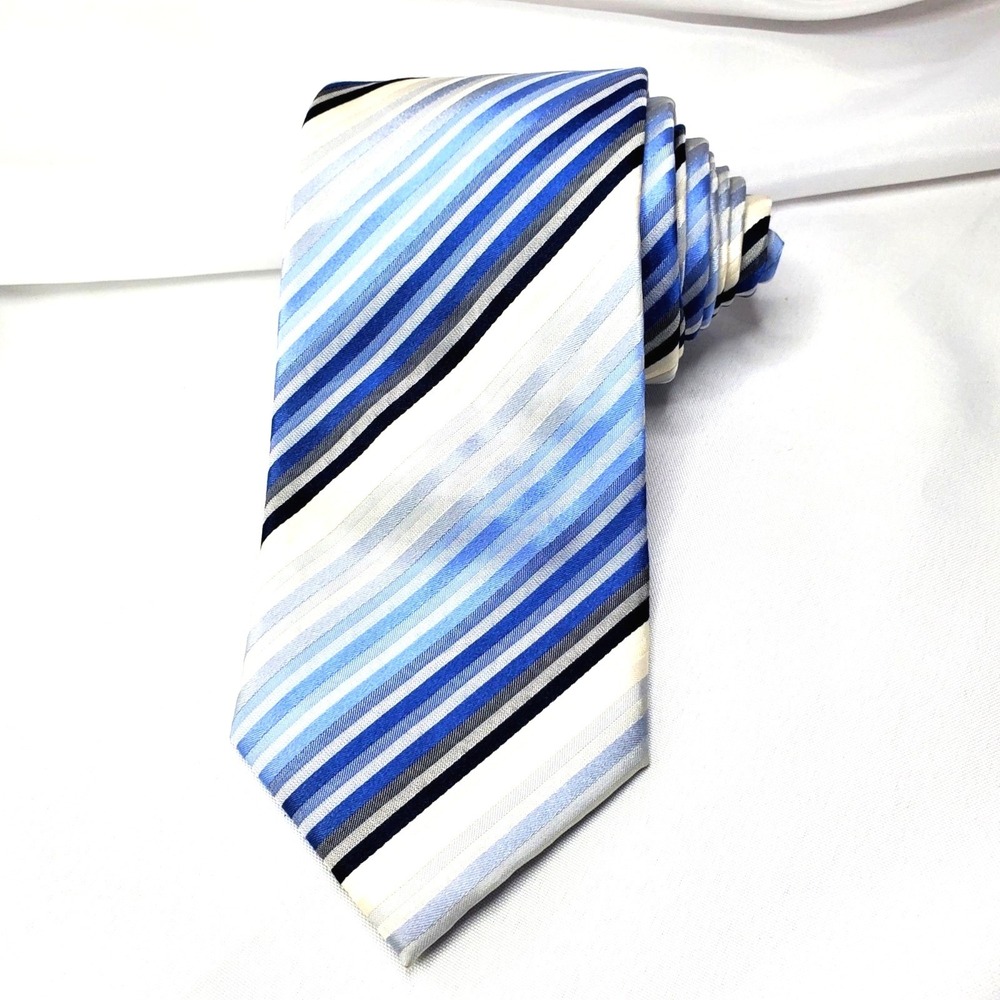 Alexandre London Savile Row Blue White Striped 100% Silk Tie 3.5" Wide 61" Long